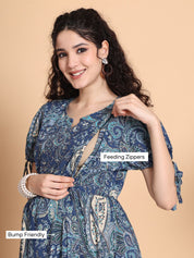 Blue Printed Cotton Maternity Dress