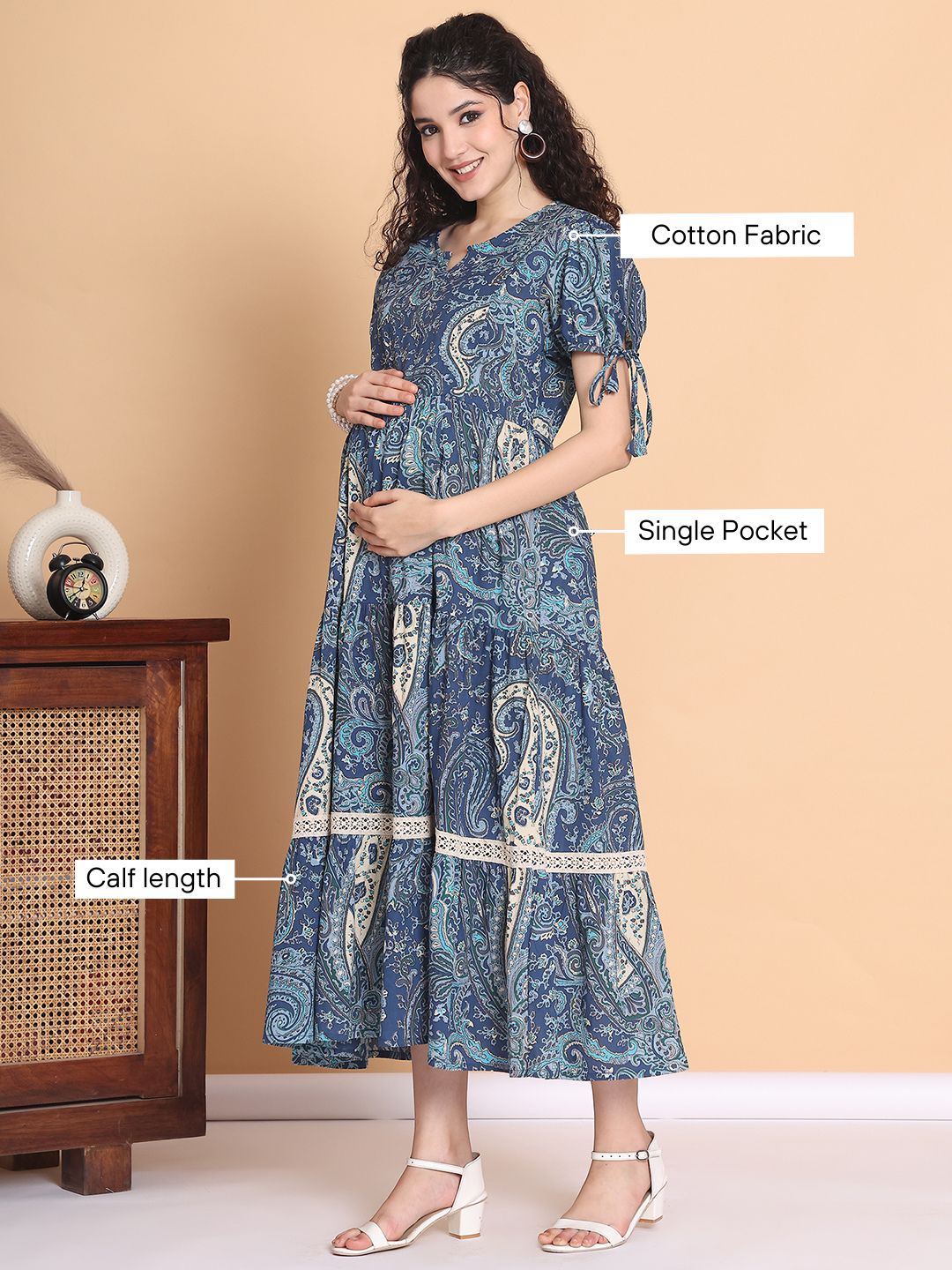 Blue Printed Cotton Maternity Dress