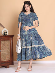 Blue Printed Cotton Maternity Dress