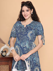 Blue Printed Cotton Maternity Dress