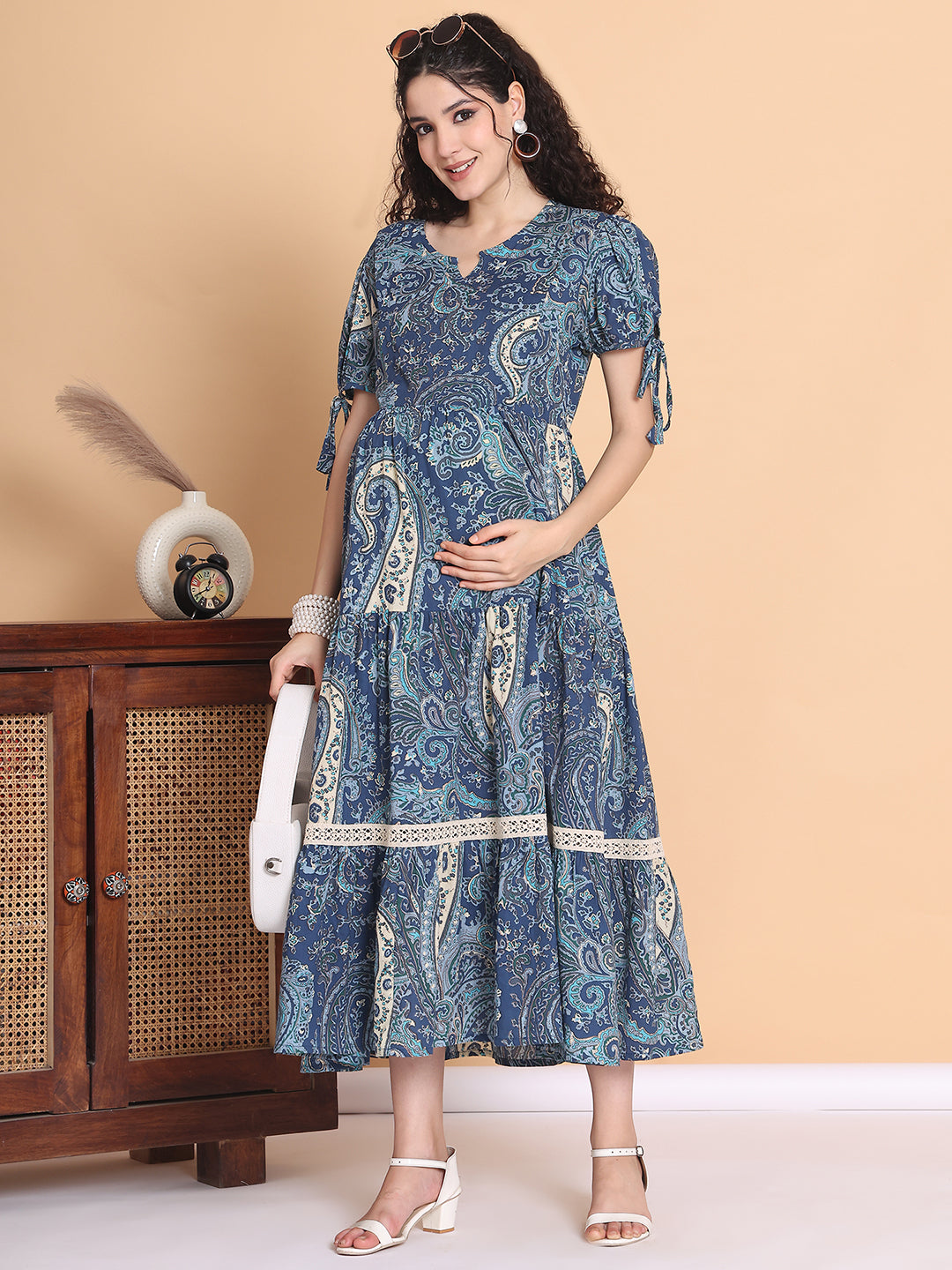 Blue Printed Cotton Maternity Dress