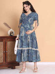 Blue Printed Cotton Maternity Dress