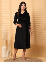 Black Solid Velour Maternity Dress