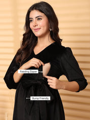 Black Solid Velour Maternity Dress