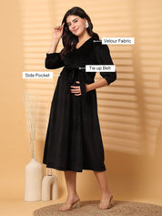 Black Solid Velour Maternity Dress