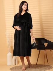 Black Solid Velour Maternity Dress