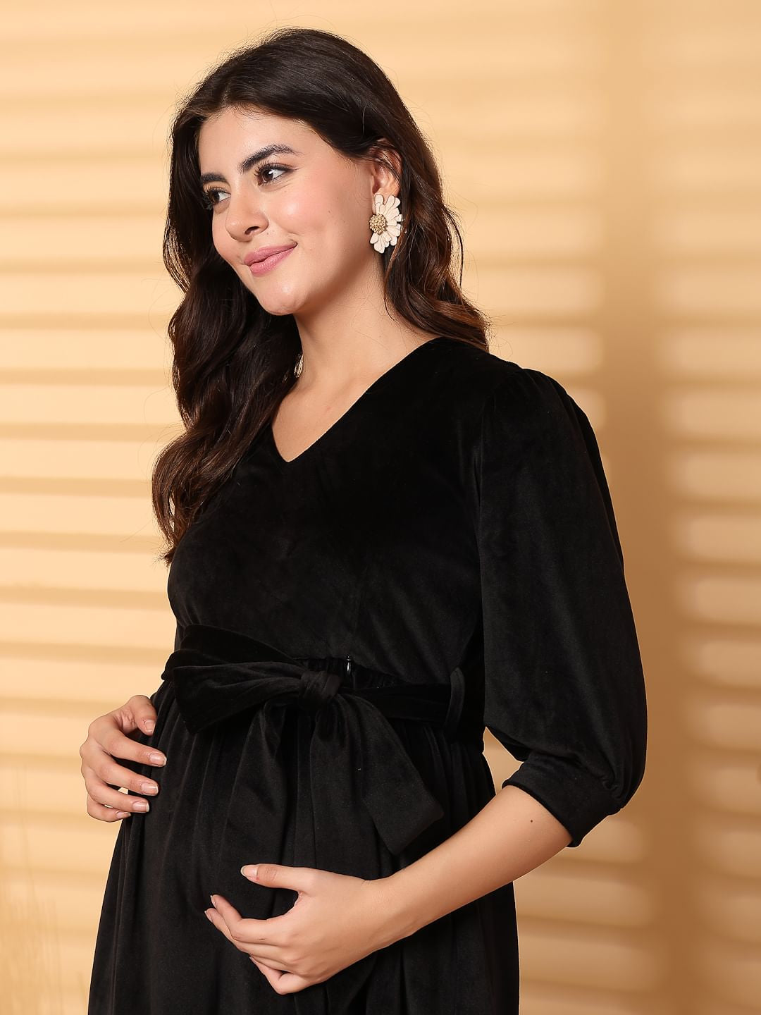 Black Solid Velour Maternity Dress