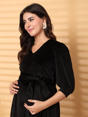 Black Solid Velour Maternity Dress