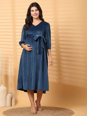 Blue Solid Velour Maternity Dress