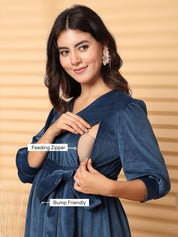 Blue Solid Velour Maternity Dress