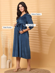 Blue Solid Velour Maternity Dress