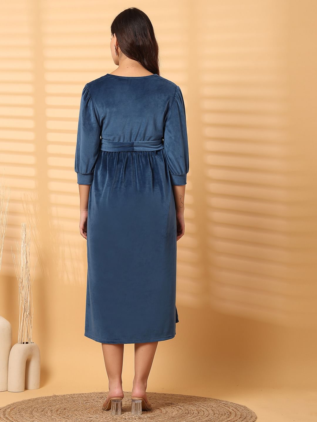 Blue Solid Velour Maternity Dress