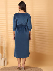Blue Solid Velour Maternity Dress