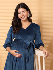 Blue Solid Velour Maternity Dress