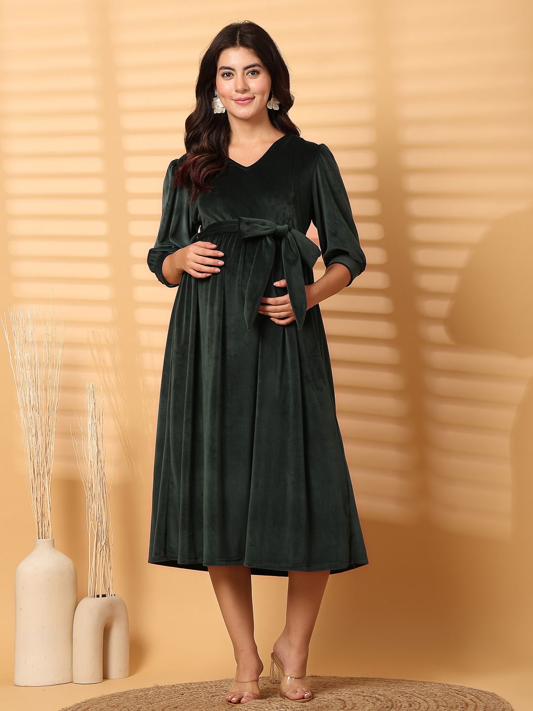 Green Solid Velour Maternity Dress