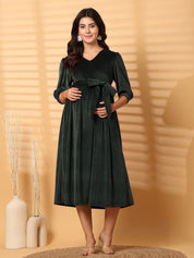 Green Solid Velour Maternity Dress