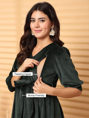 Green Solid Velour Maternity Dress