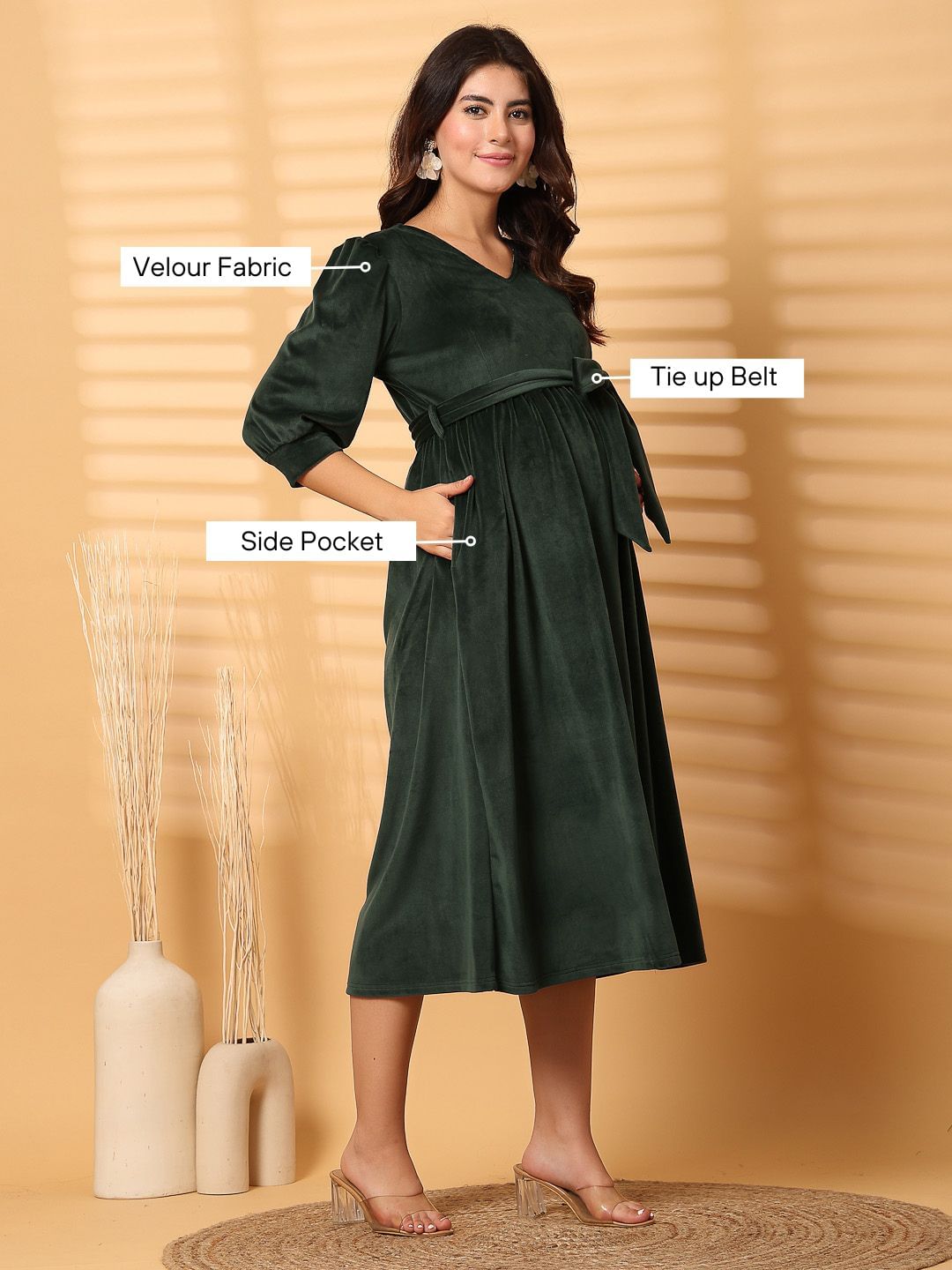 Green Solid Velour Maternity Dress