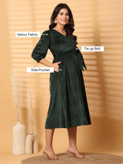 Green Solid Velour Maternity Dress
