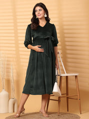 Green Solid Velour Maternity Dress