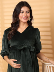 Green Solid Velour Maternity Dress