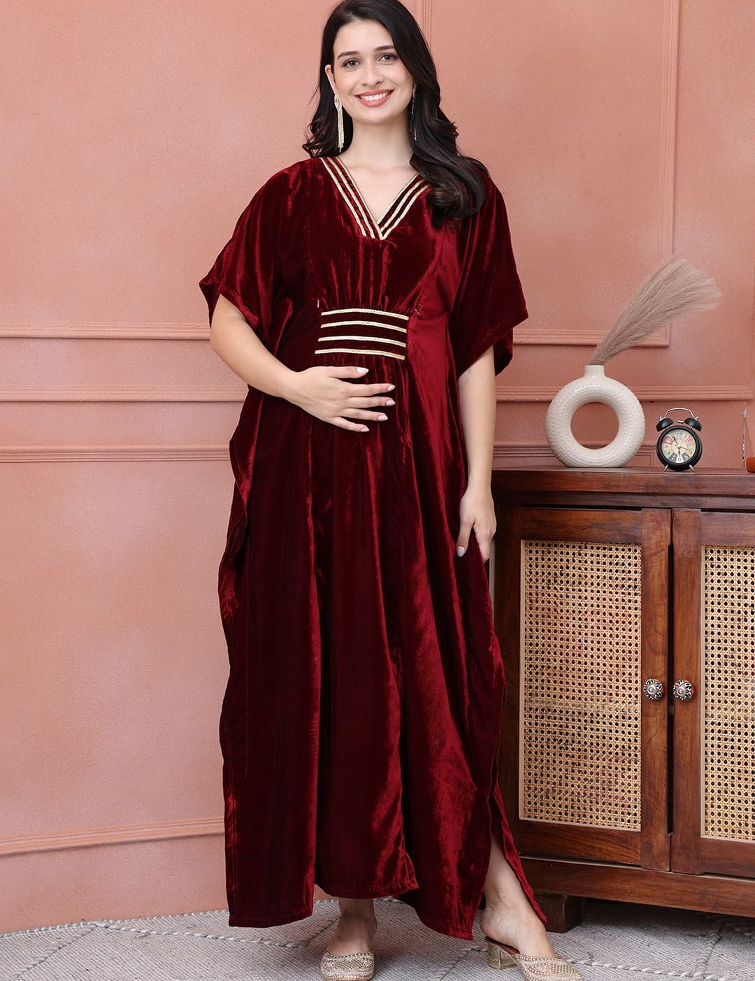Maroon Solid Velvet Maternity Kaftan Dress