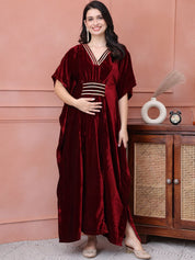 Maroon Solid Velvet Maternity Kaftan Dress