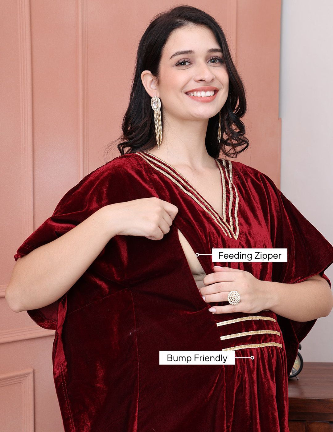 Maroon Solid Velvet Maternity Kaftan Dress