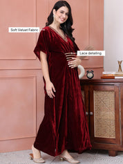 Maroon Solid Velvet Maternity Kaftan Dress