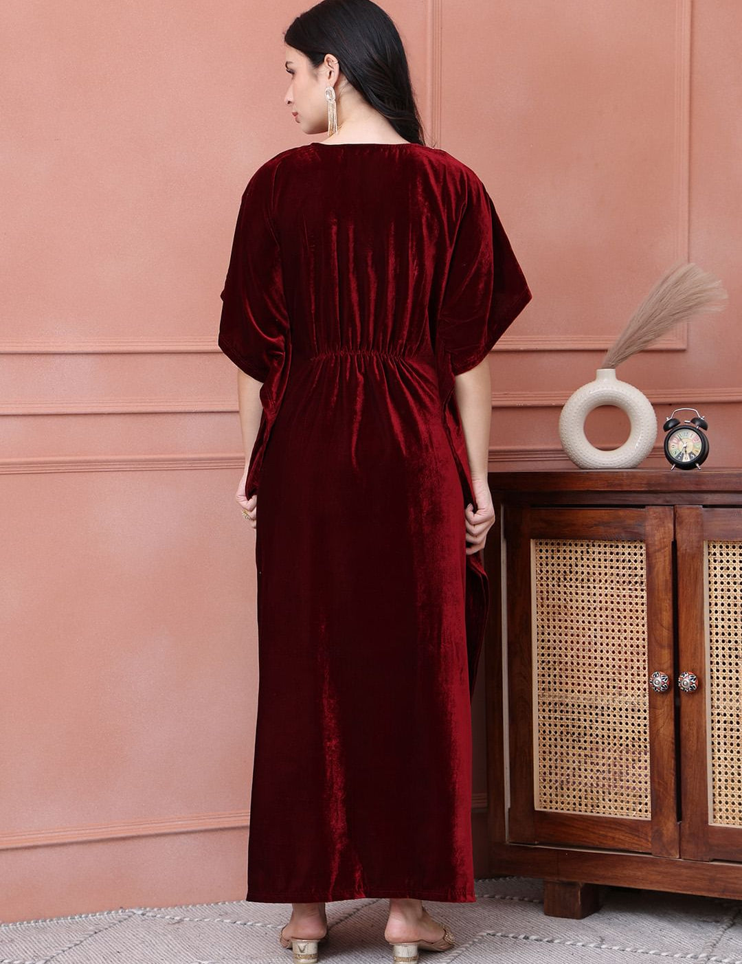 Maroon Solid Velvet Maternity Kaftan Dress