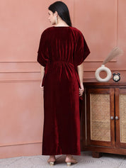 Maroon Solid Velvet Maternity Kaftan Dress