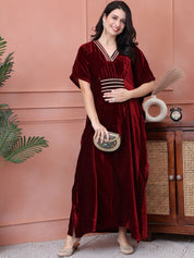 Maroon Solid Velvet Maternity Kaftan Dress