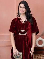 Maroon Solid Velvet Maternity Kaftan Dress