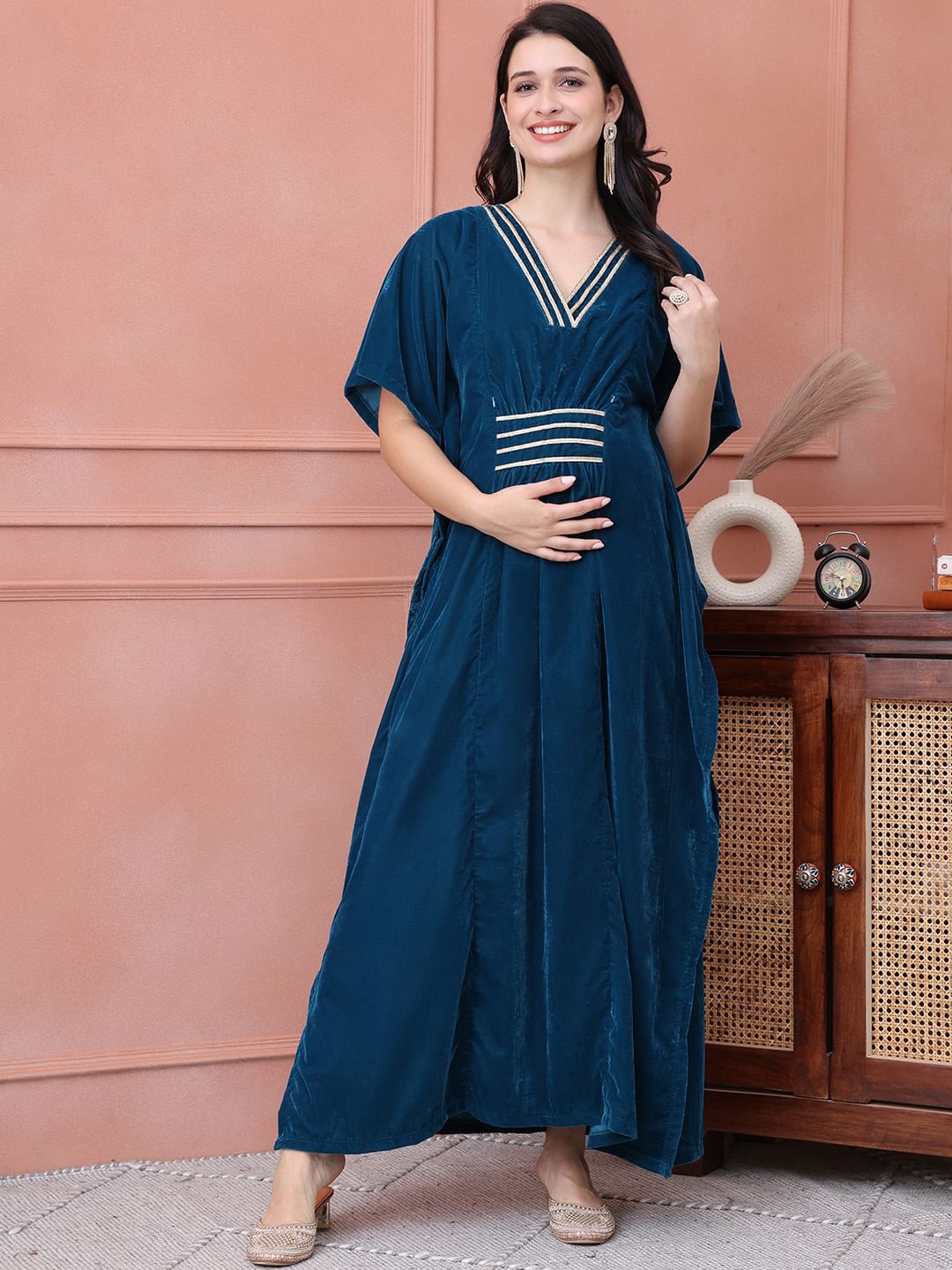 Teal Solid Velvet Maternity Kaftan Dress