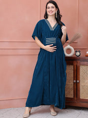 Teal Solid Velvet Maternity Kaftan Dress