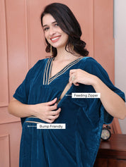 Teal Solid Velvet Maternity Kaftan Dress