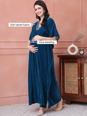 Teal Solid Velvet Maternity Kaftan Dress