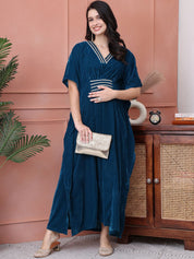 Teal Solid Velvet Maternity Kaftan Dress