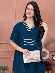 Teal Solid Velvet Maternity Kaftan Dress