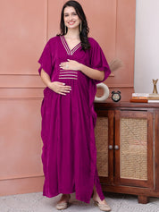 Pink Solid Velvet Maternity Kaftan Dress