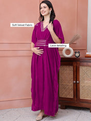 Pink Solid Velvet Maternity Kaftan Dress