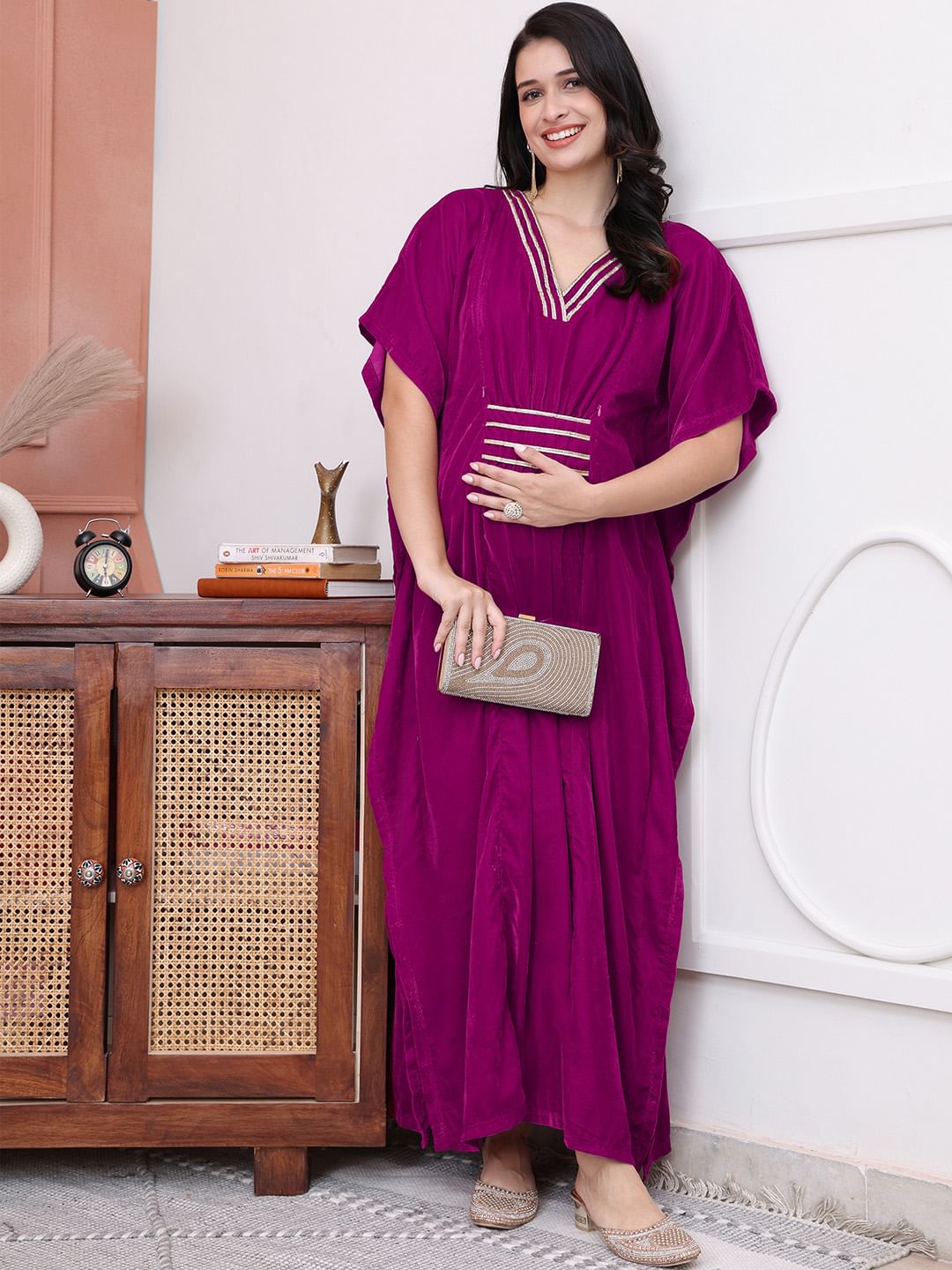 Pink Solid Velvet Maternity Kaftan Dress