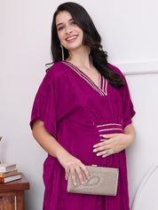 Pink Solid Velvet Maternity Kaftan Dress
