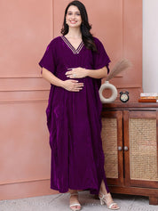 Purple Solid Velvet Maternity Kaftan Dress