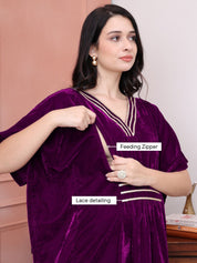 Purple Solid Velvet Maternity Kaftan Dress