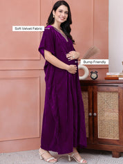 Purple Solid Velvet Maternity Kaftan Dress