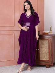 Purple Solid Velvet Maternity Kaftan Dress