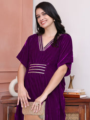 Purple Solid Velvet Maternity Kaftan Dress