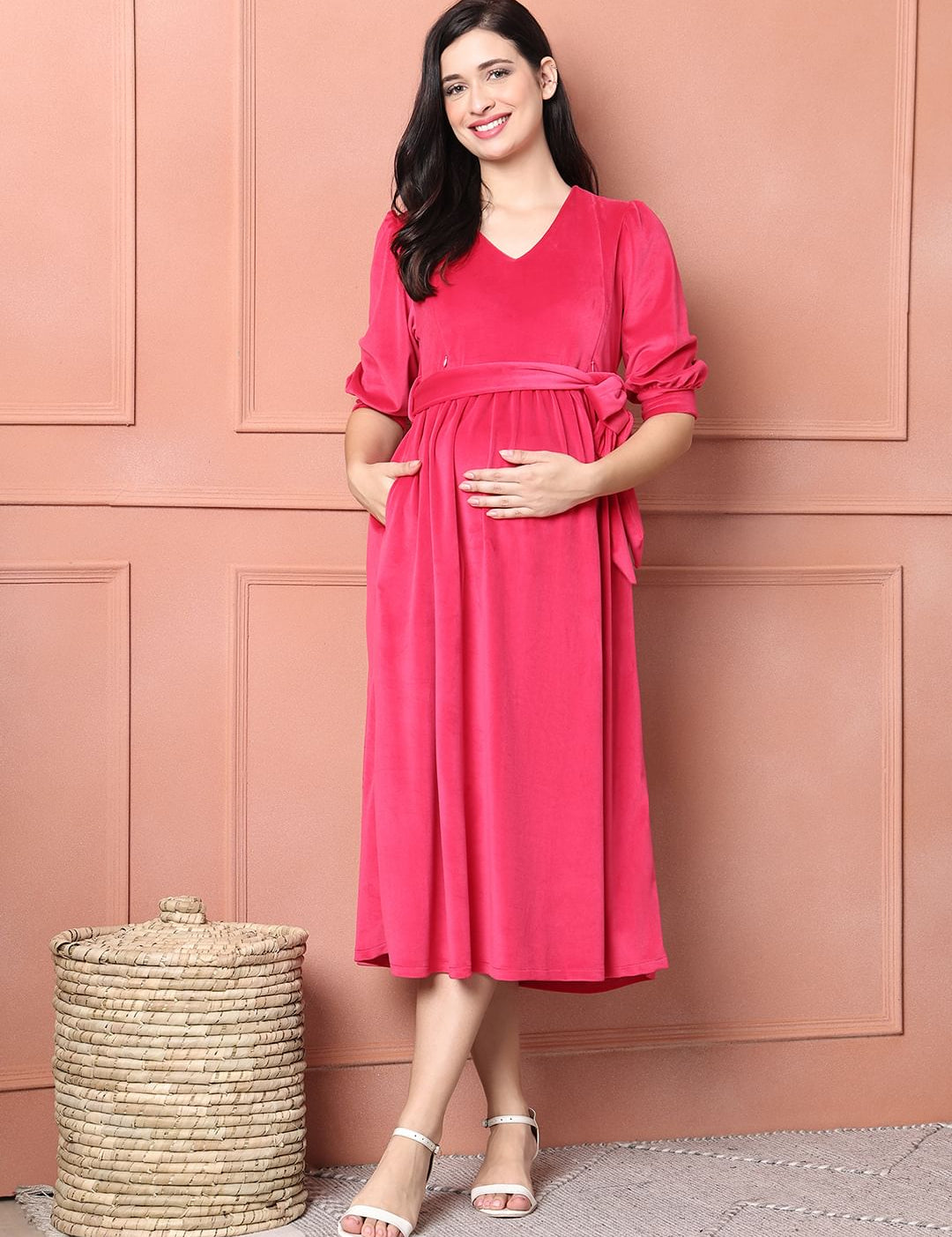 Pink Solid Velour Maternity Dress