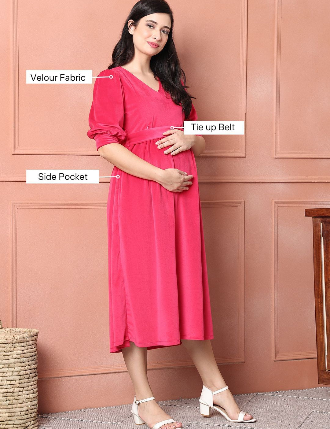 Pink Solid Velour Maternity Dress